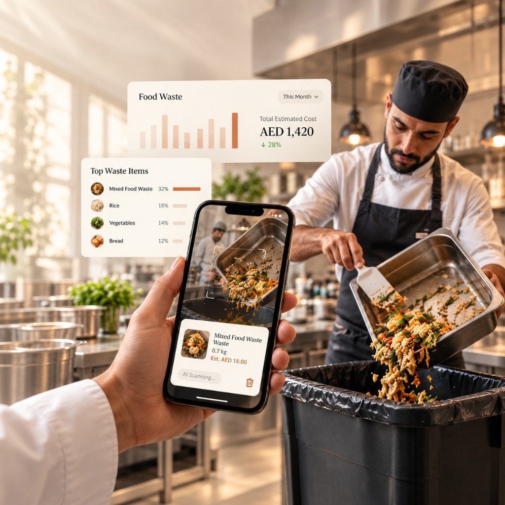 A cook photographs leftover food with a phone as it is tipped into a kitchen bin